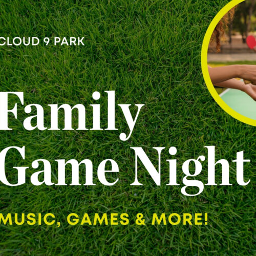Family Game Night flyer with grass background, table tennis image, and event details for Cloud 9 Park.