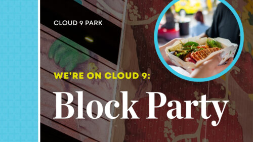 Block Party flyer for Cloud 9 Park featuring vibrant mural background and close-up of street food.