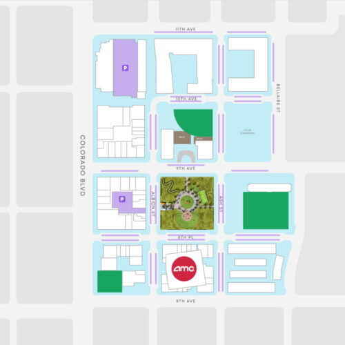 Site map with AMC, park, parking, and buildings near 9th Ave, Albion St, and Colorado Blvd.